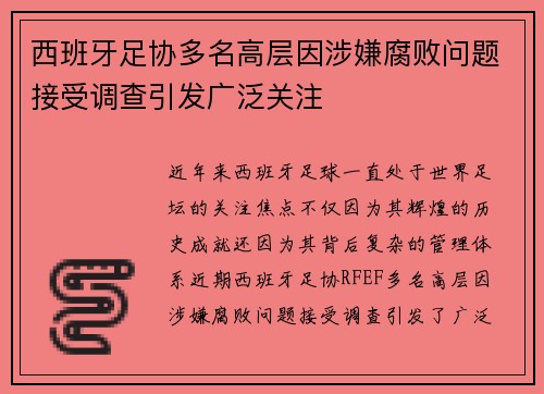 西班牙足协多名高层因涉嫌腐败问题接受调查引发广泛关注